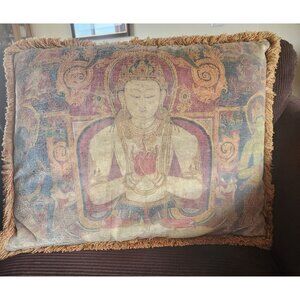 Vintage Buddhist Tapestry Throw Pillow With Fringe Trim 25" x 20"